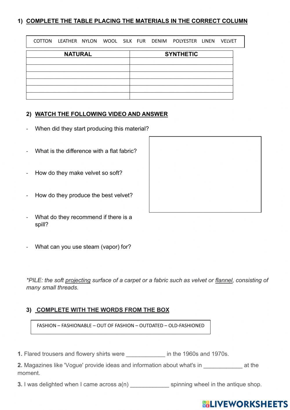 Clothes, fabrics and styles