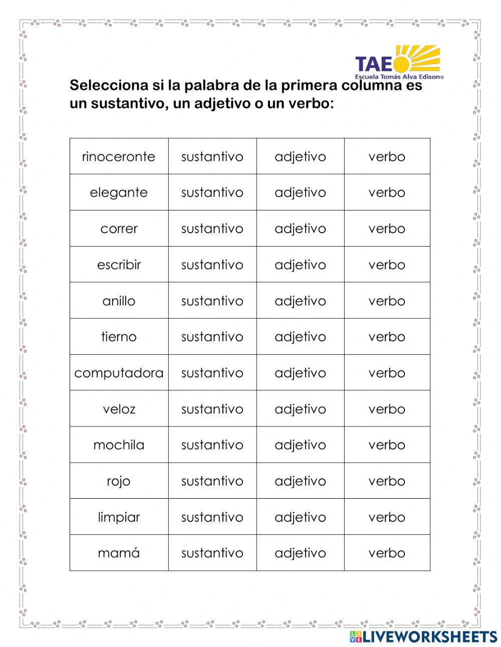 Sustantivos, adjetivos y verbos