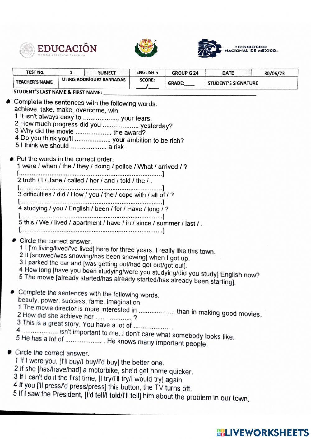 Exam 1 level 5 units 1, 2  - 3