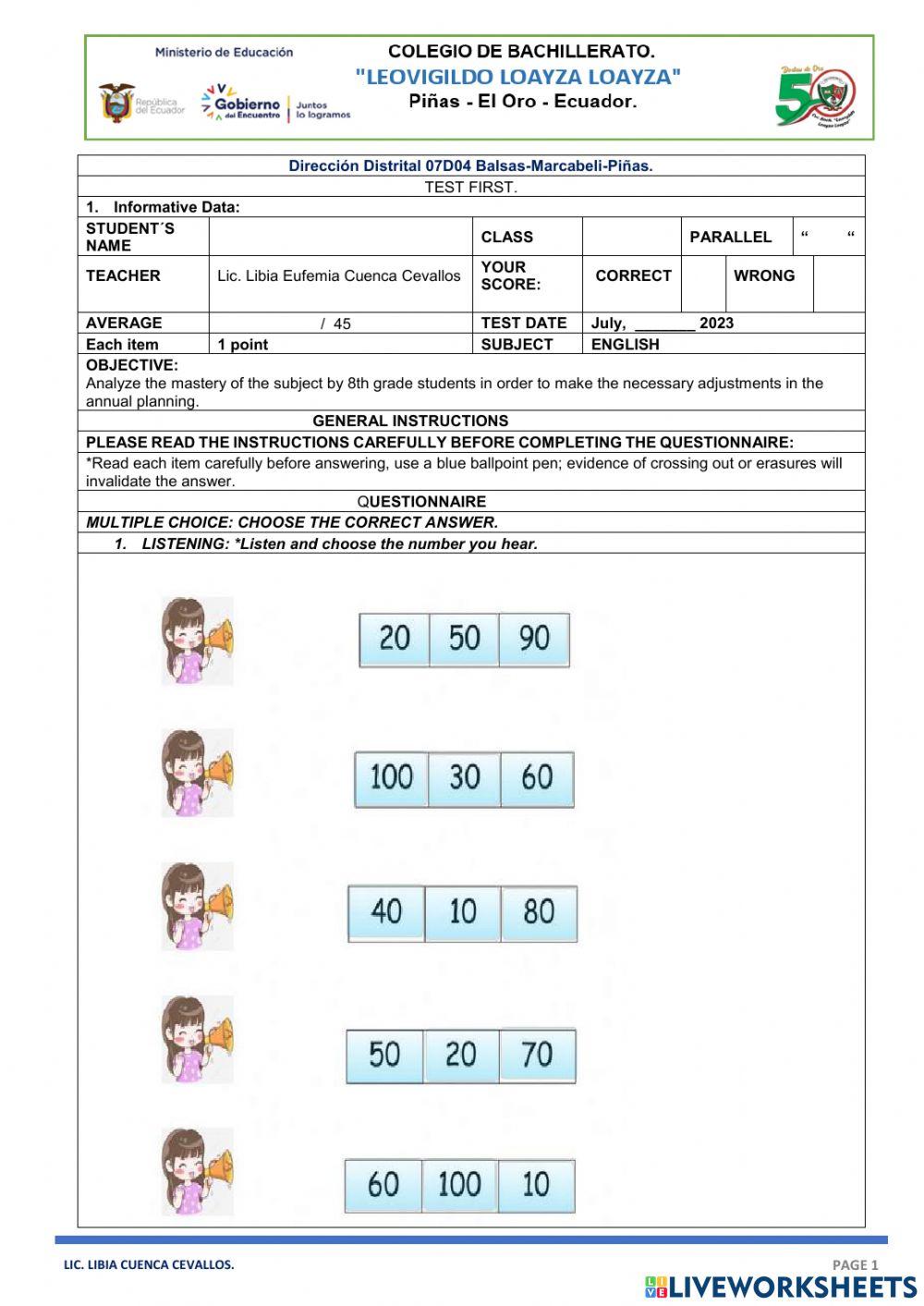 Diagnostic test first 9th