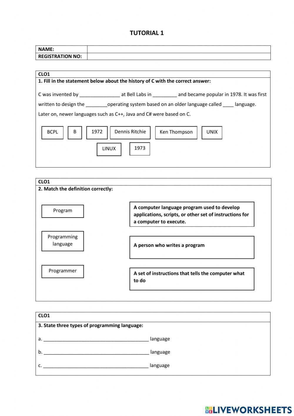 Introduction to C Programming worksheet | Live Worksheets