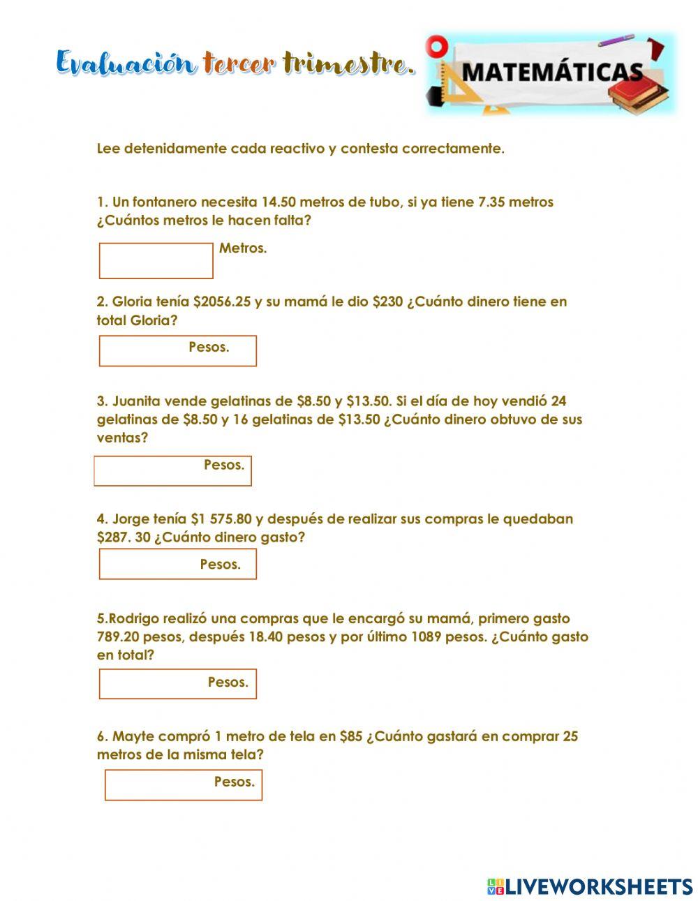 Evaluación trimestral matemáticas