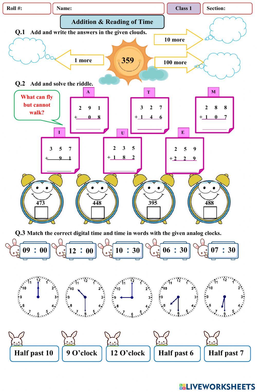 Addition time worksheet live worksheets