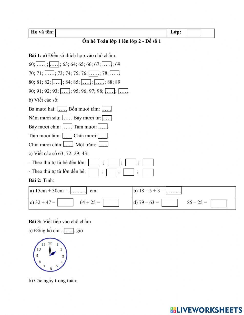 Ôn tập toán lớp 1
