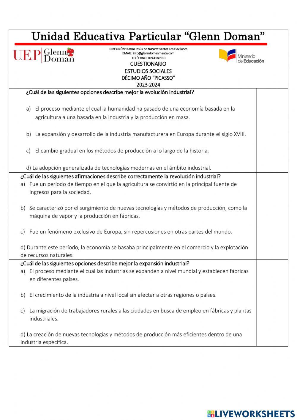 Cuestionario de sociales 10mo