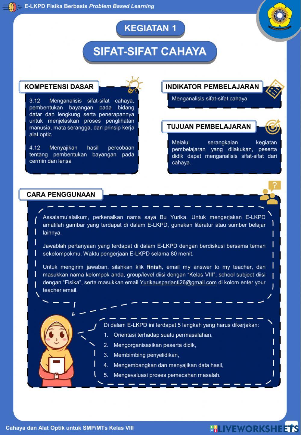 E-LKPD Fisika Berbasis PBL - Kegiatan 1 - Sifat-Sifat Cahaya