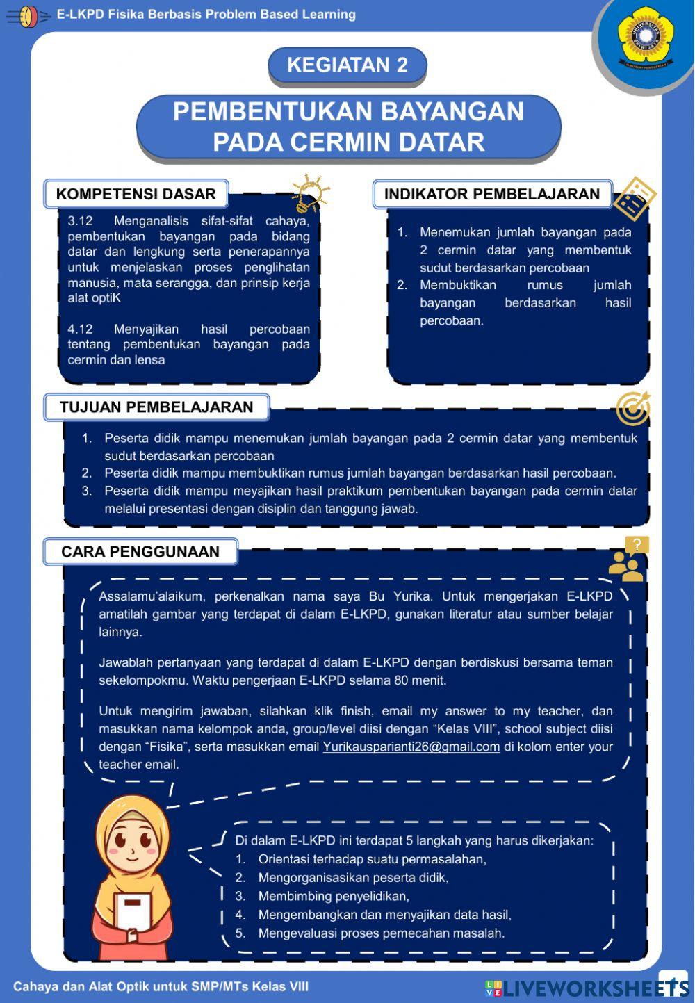 E-LKPD Fisika Berbasis PBL - Kegiatan 2 - Pembentukan Bayangan pada Cermin Datar