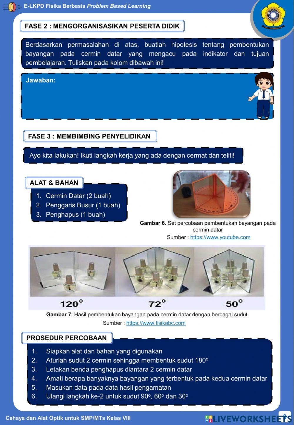 E-LKPD Fisika Berbasis PBL - Kegiatan 2 - Pembentukan Bayangan pada Cermin Datar