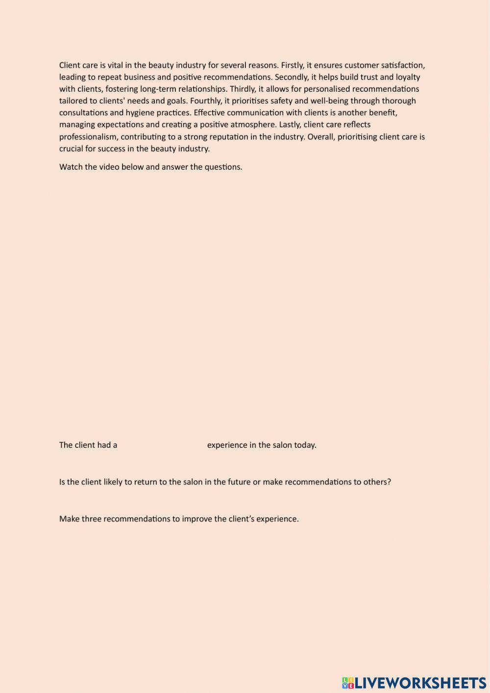 Beauty Therapy Level 2 Baseline assessment