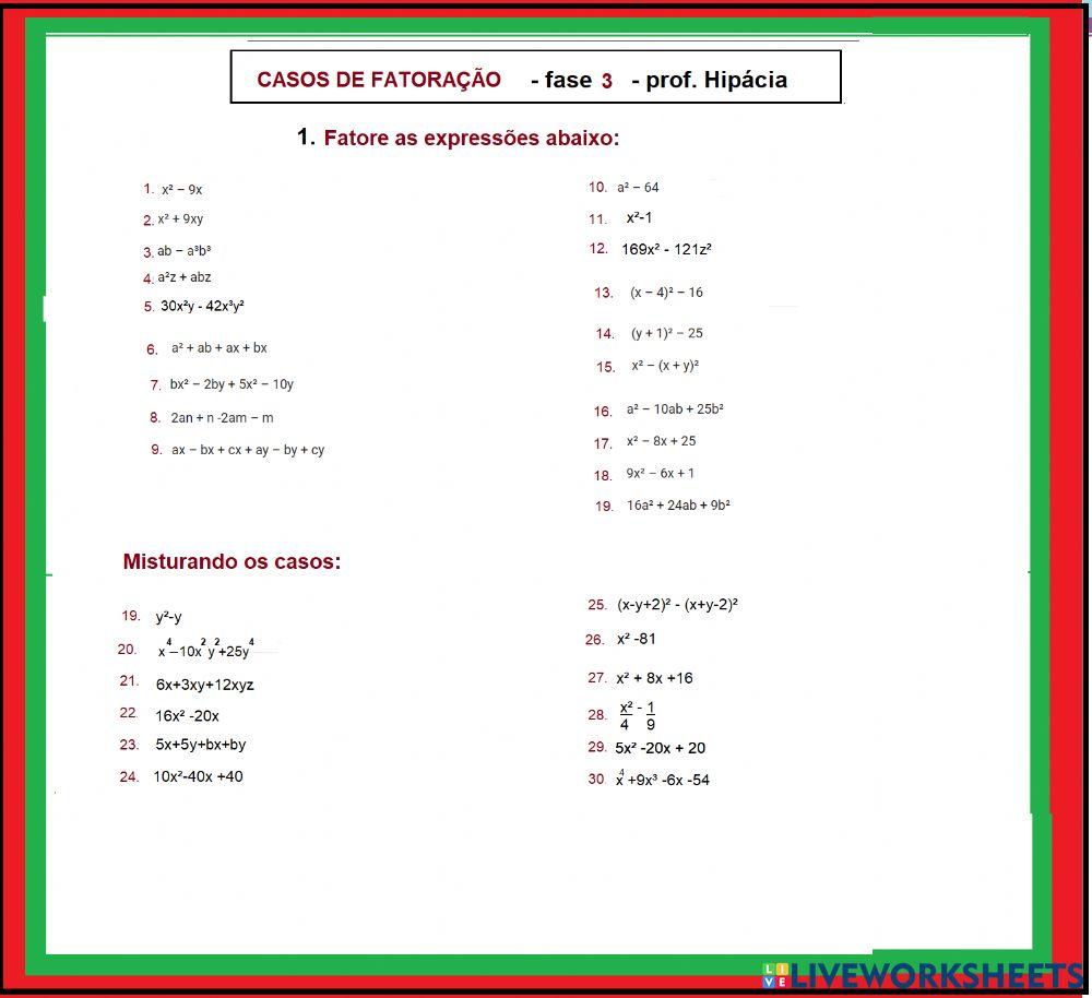 Casos de fatoração - fase 3 Revisão geral