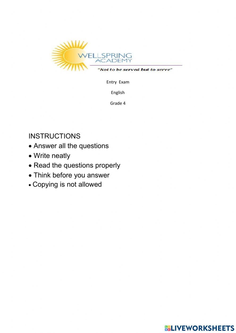 Grade 4 English Entry Exam