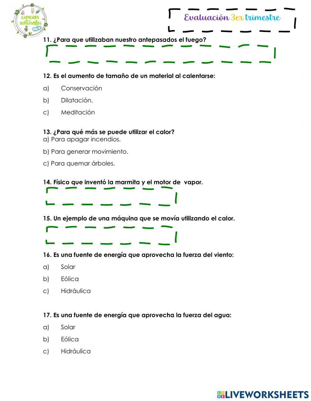 Evaluación trimestral Ciencias Naturales