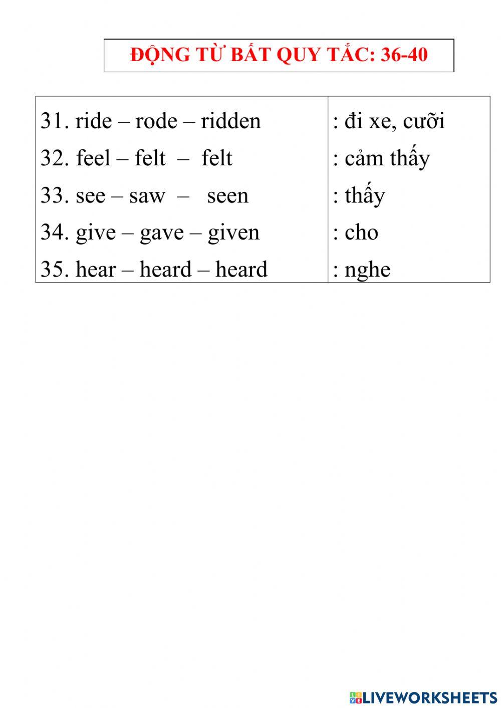 Động từ bất quy tắc 36-40