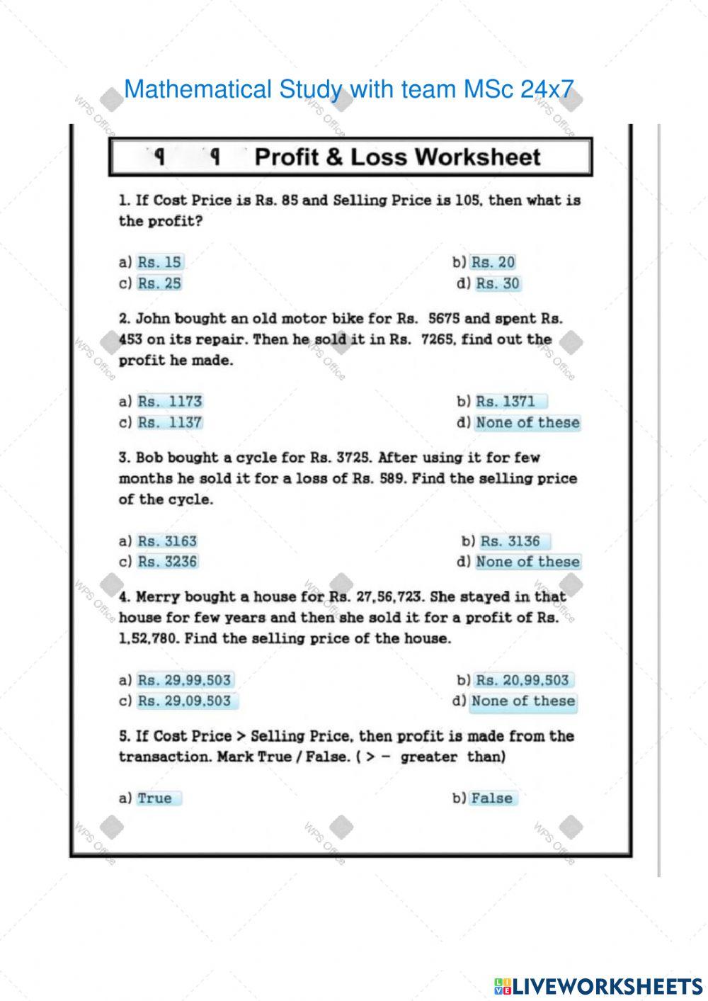Profit and Loss exercise for Intermediate | Live Worksheets