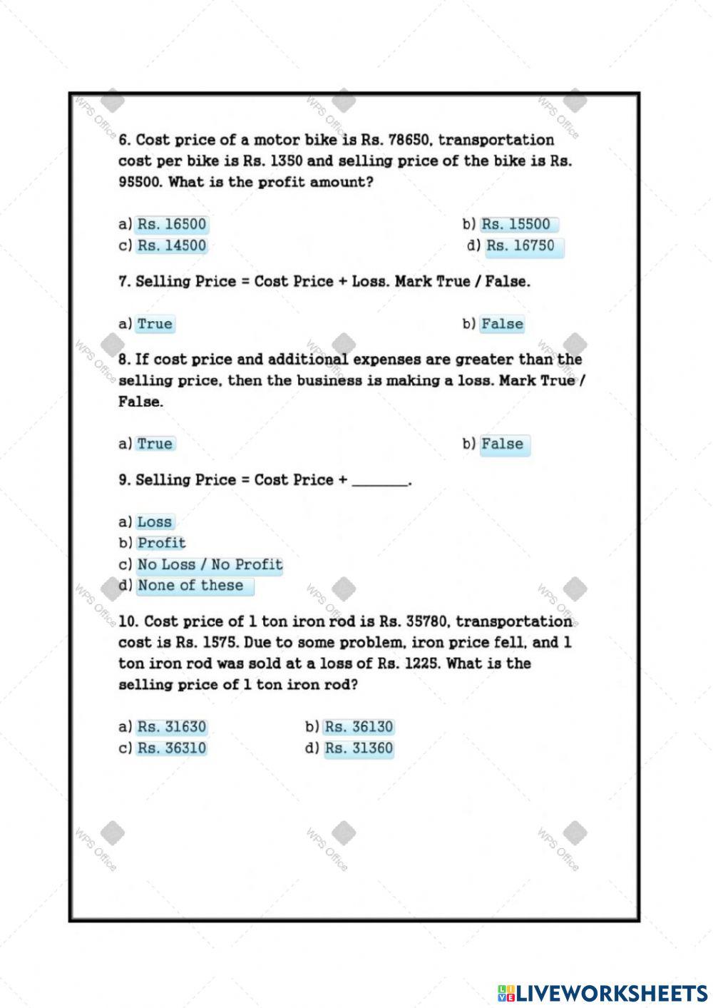 Profit and Loss exercise for Intermediate | Live Worksheets