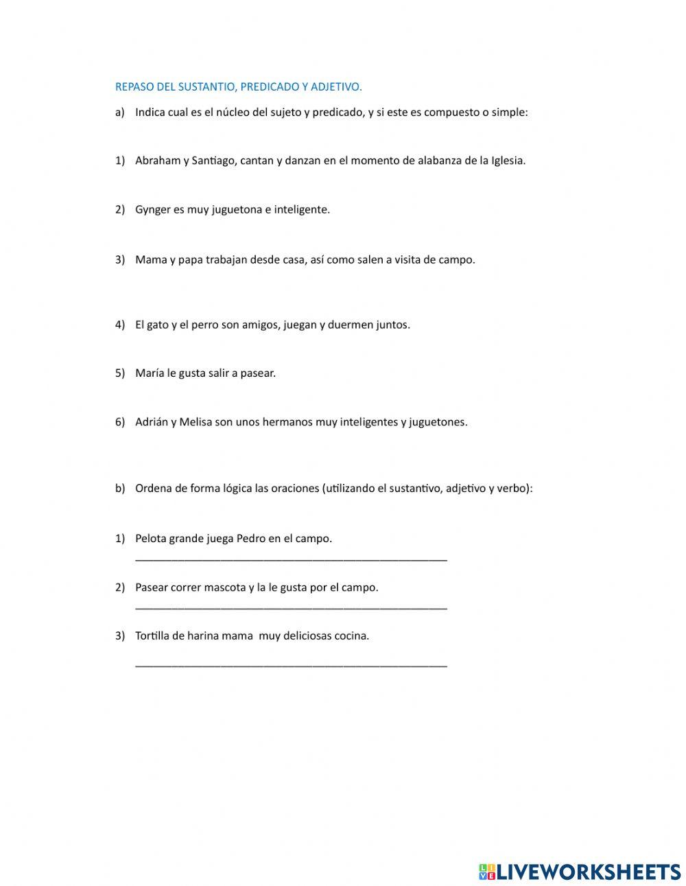 Repaso sujeto predicado y adjetivo