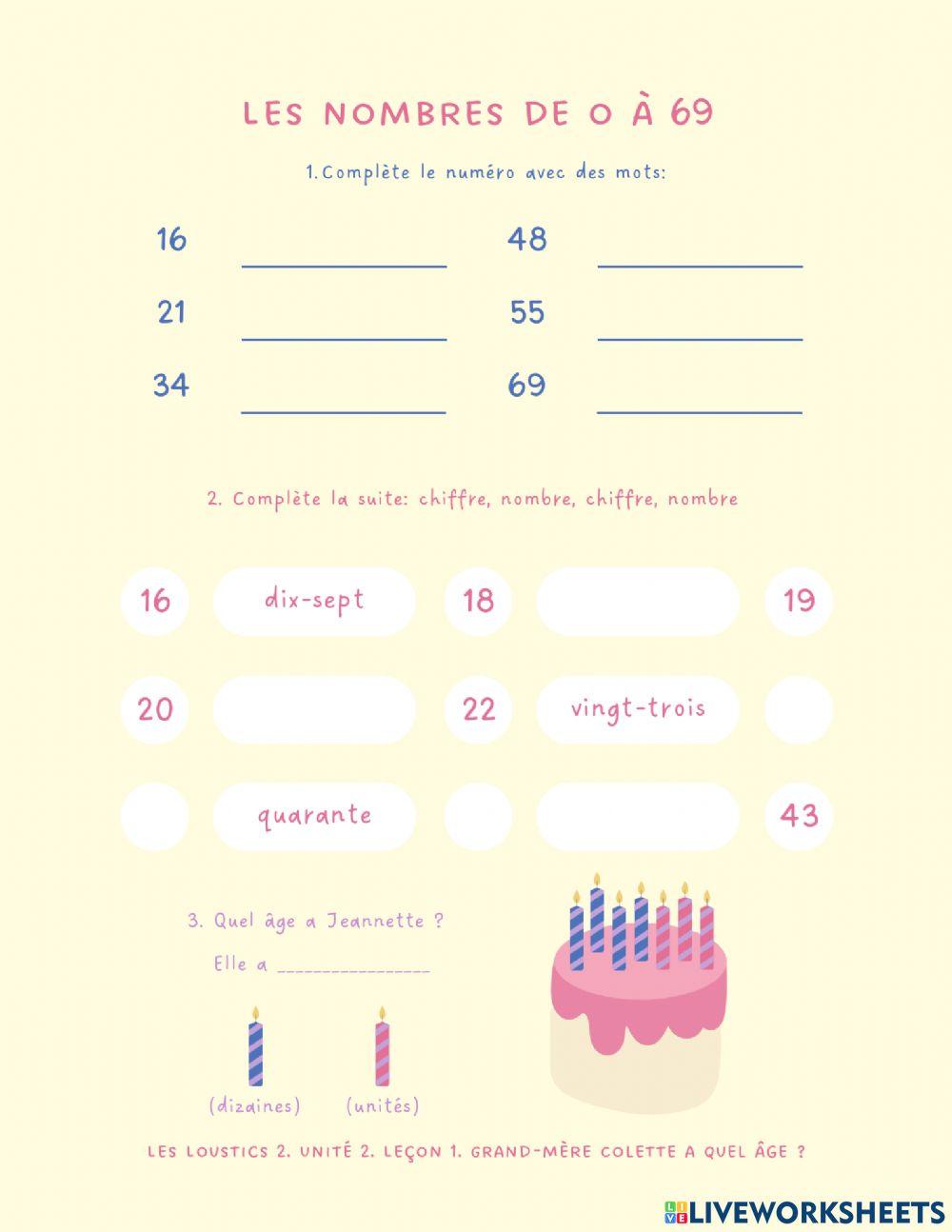 Les nombres de 0 à 69
