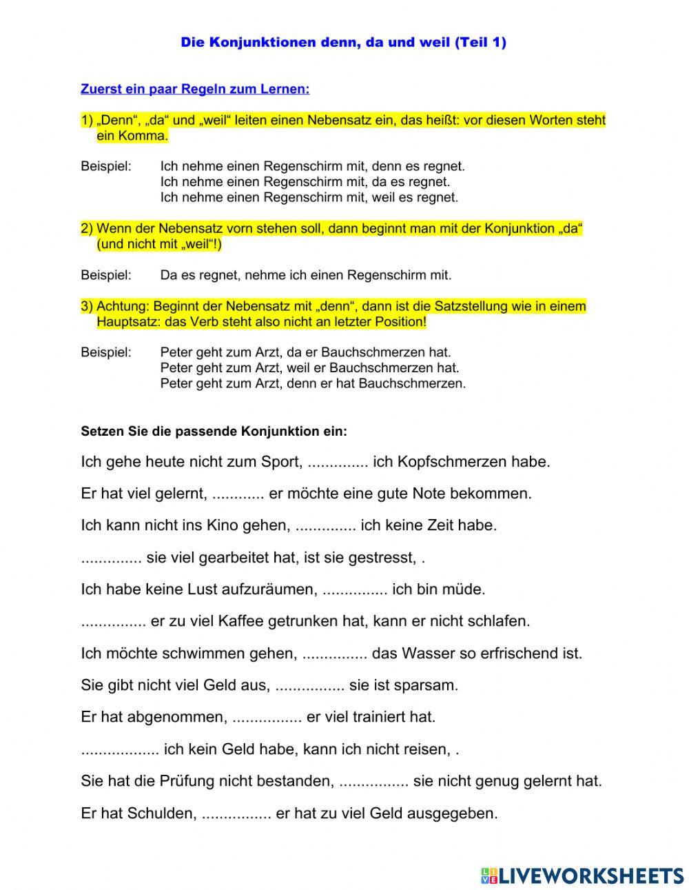 Konjunktionen denn, da, weil, Teil 1