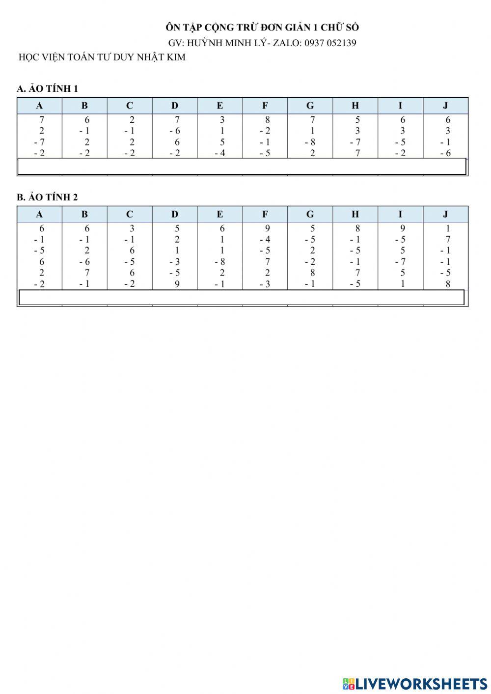 Soroban ôn tập Cộng trừ đơn giản