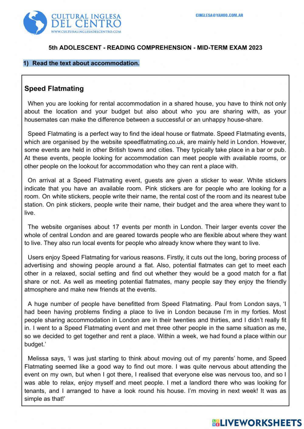 5th adolescent reading comprehension mid term exam 2023 CIC