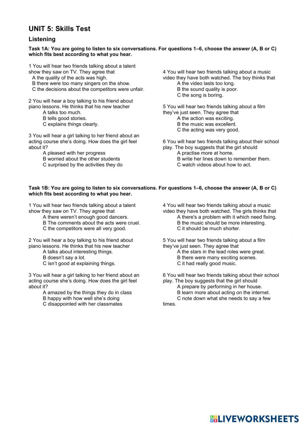 B1 unit 1 skills test