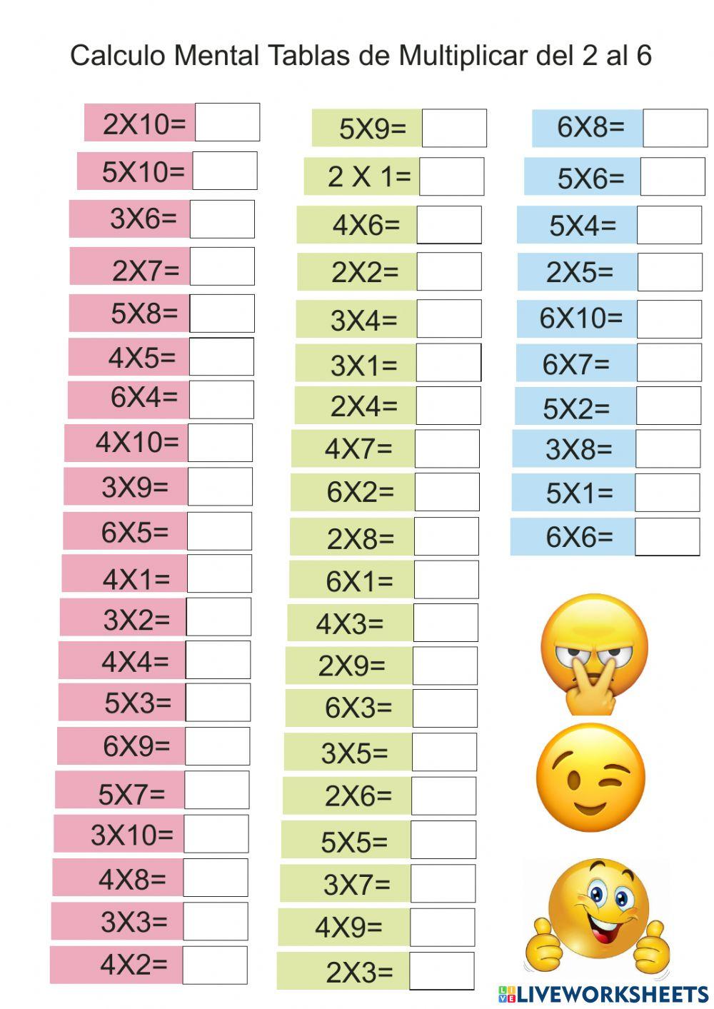Repaso Caculo Mental Tablas de Multiplicar 2 al 6