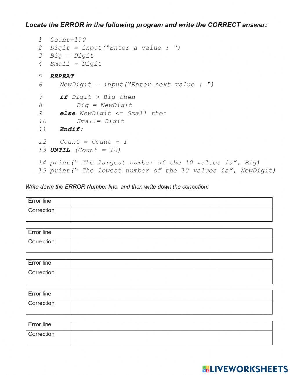 Basic concept in programming worksheet | Live Worksheets