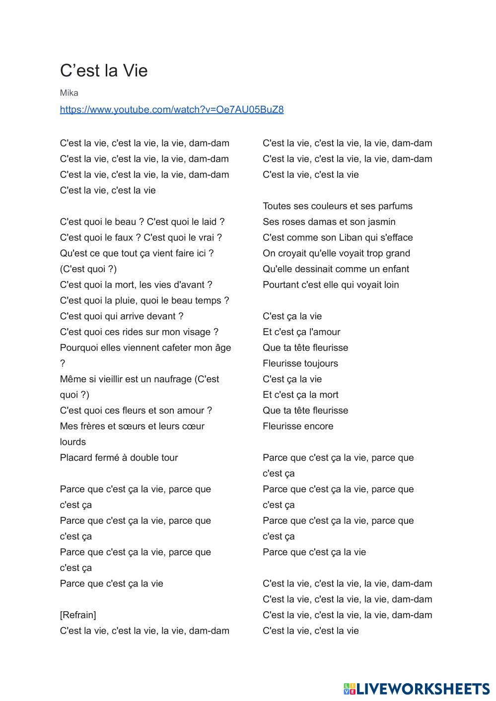 C'est la vie - … | Free Interactive Worksheets | 7209773, image size:999x1412