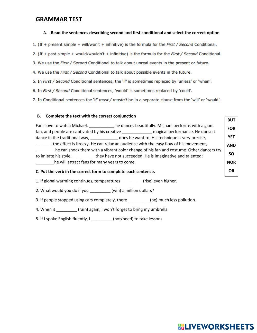 1st, 2nd Conditional and Conjunctions | Live Worksheets
