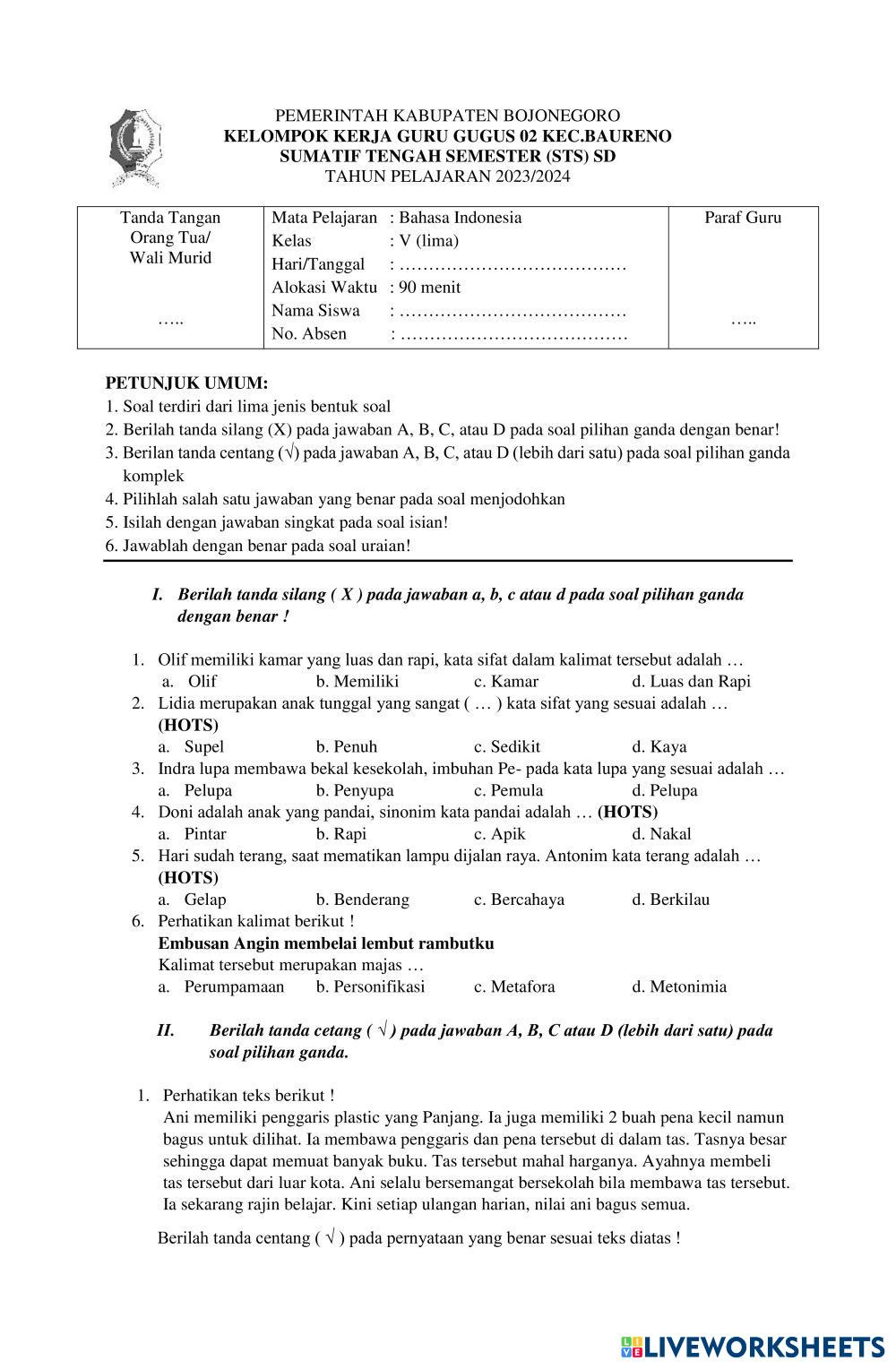 Bahasa indonesia live worksheets