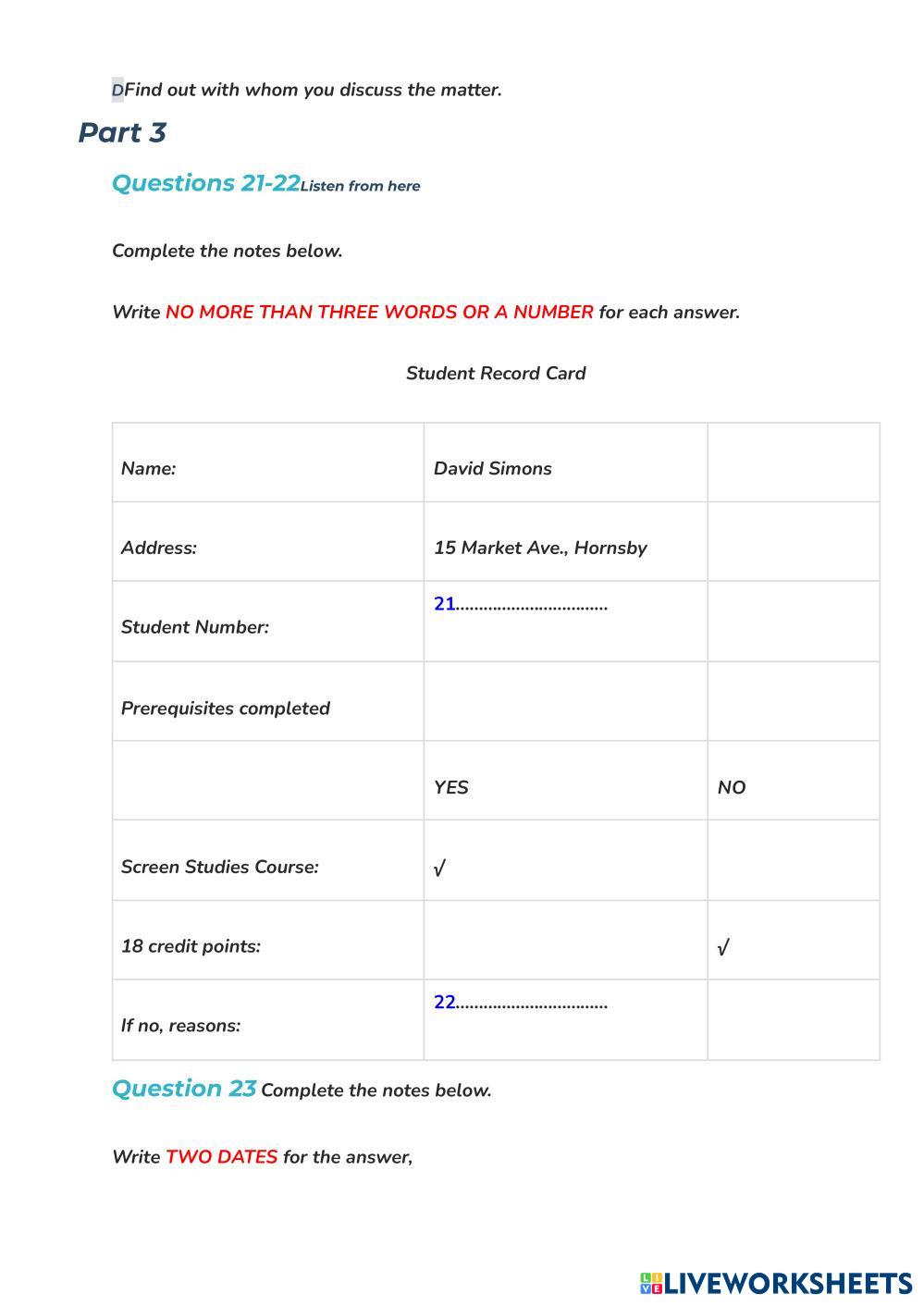 Ielts listening free interactive worksheets 7219230