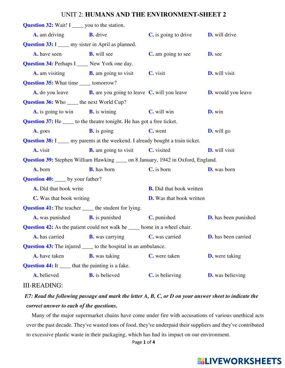 Unit 2 humans and the environment sheet 2 live worksheets