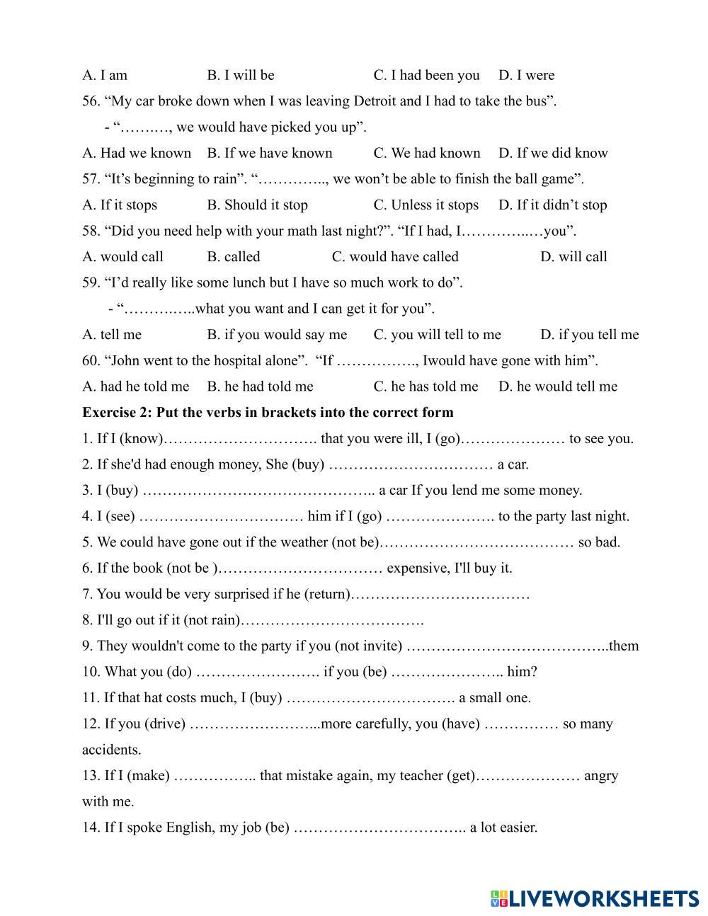 Conditional sentence 2 huy 1110 live worksheets