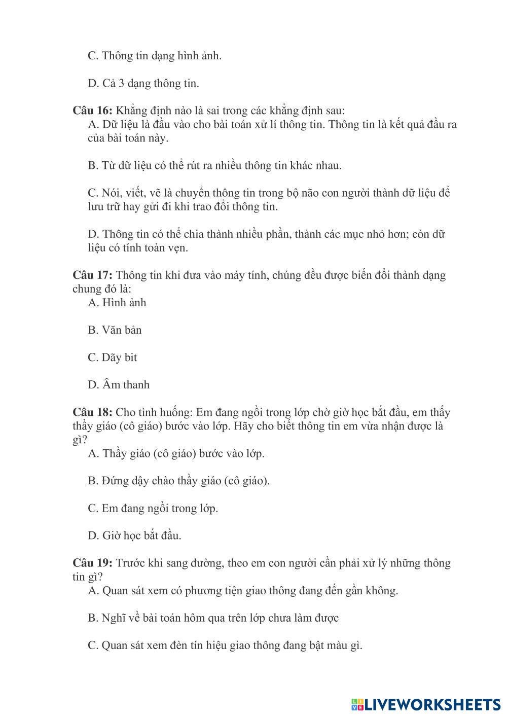 Tin học 10 - Chủ đề A - Bài 1 | Live Worksheets