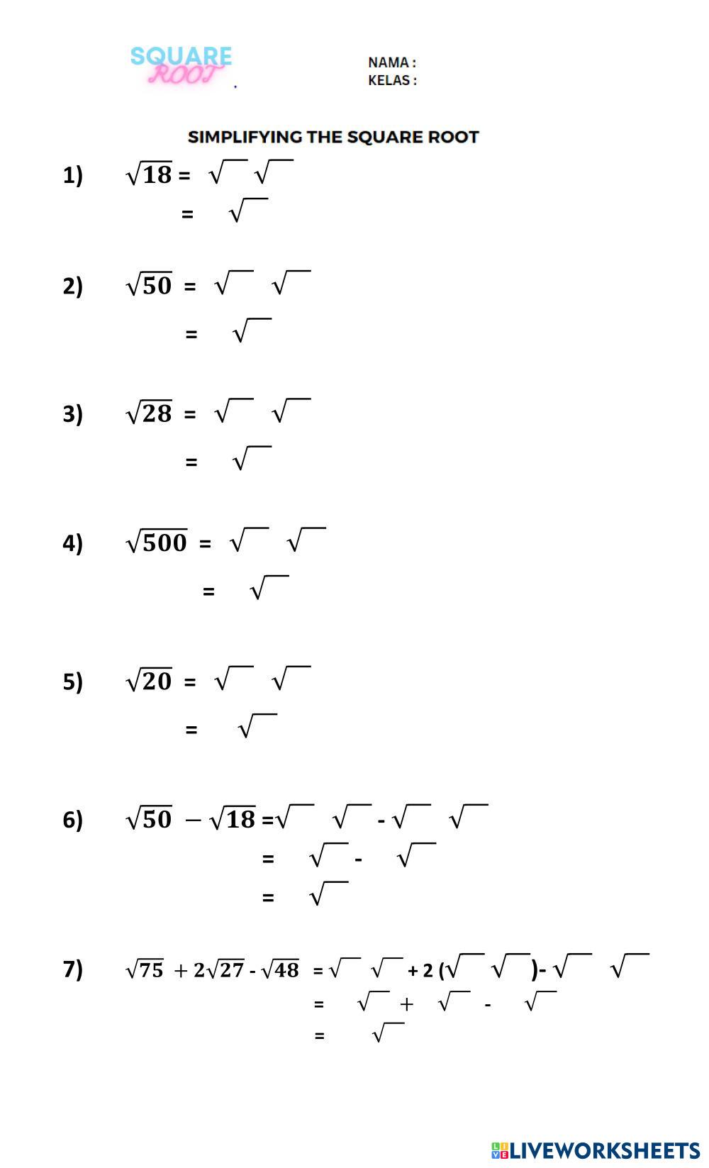 SIMPLIFYING SQUARE ROOT Live Worksheets
