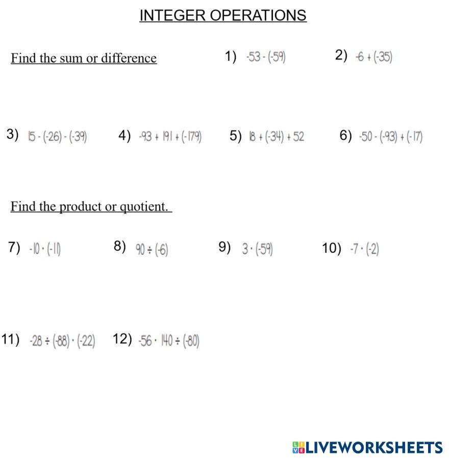 7239829 Integer Operations lcgru88 LiveWorksheets
