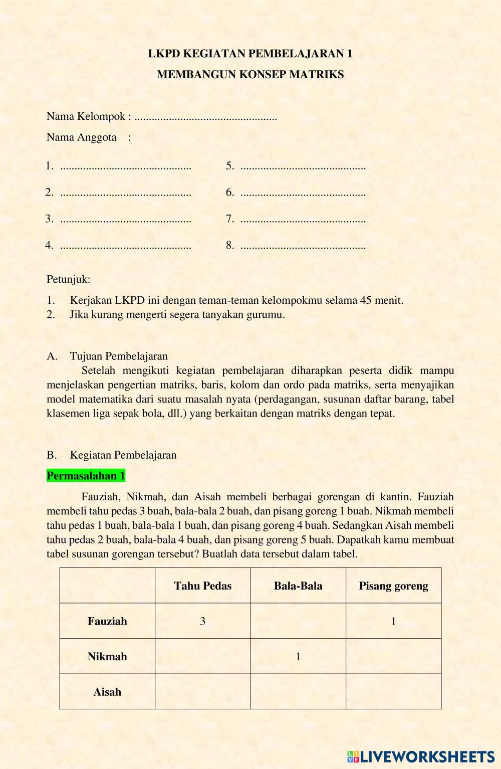Konsep Matriks | Live Worksheets
