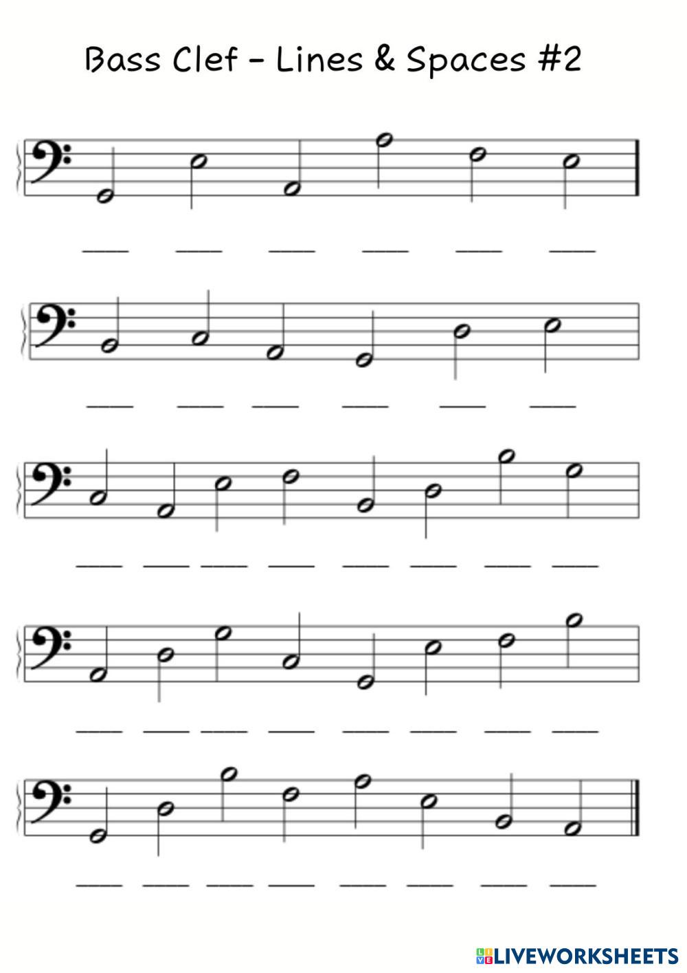 Bass Clef Lines & Spaces 2 Live Worksheets