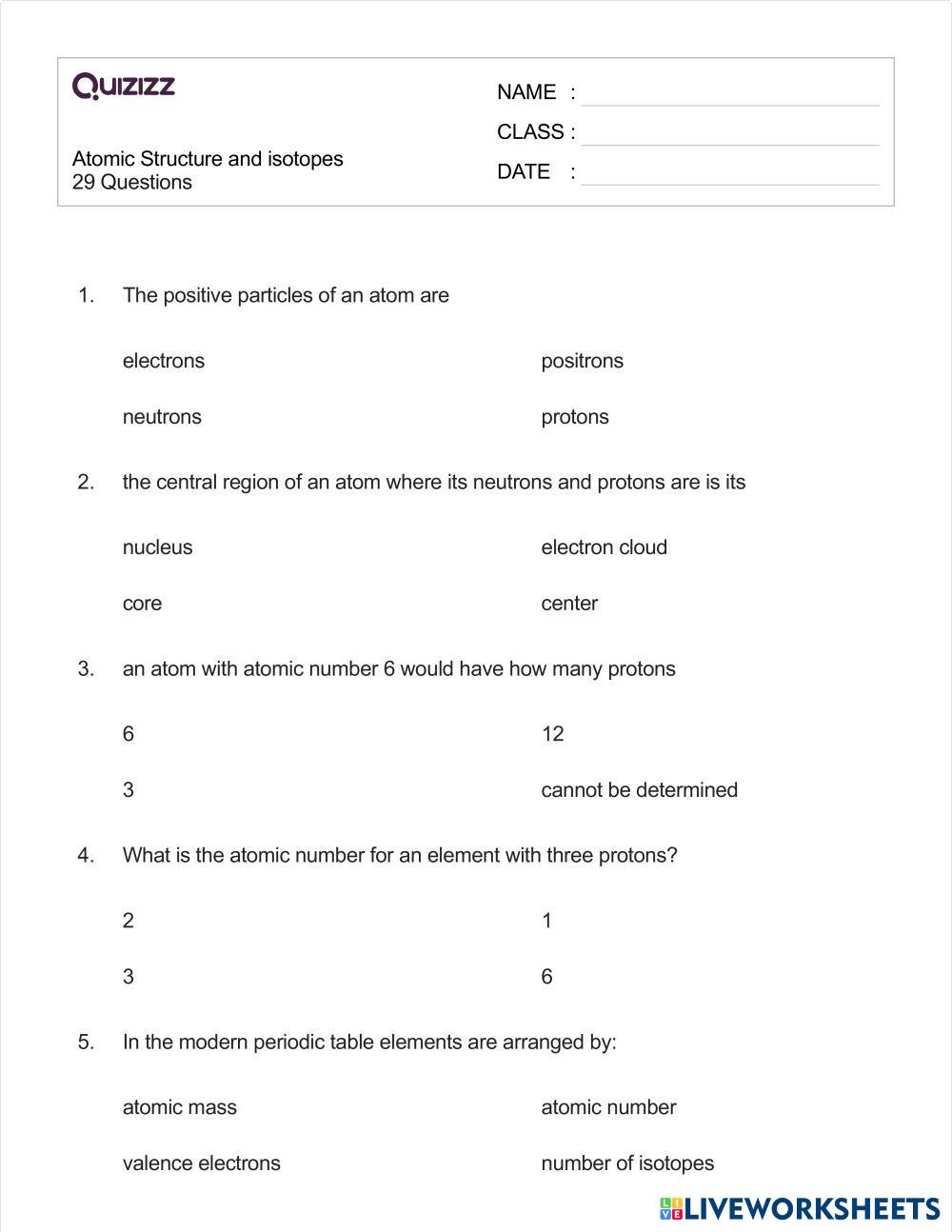 Atomic Structure and isotopes | Live Worksheets