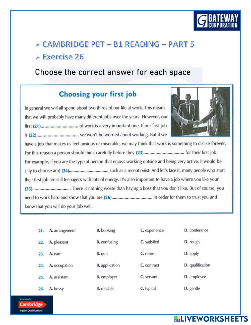 Cambridge Pet Reading Exercises