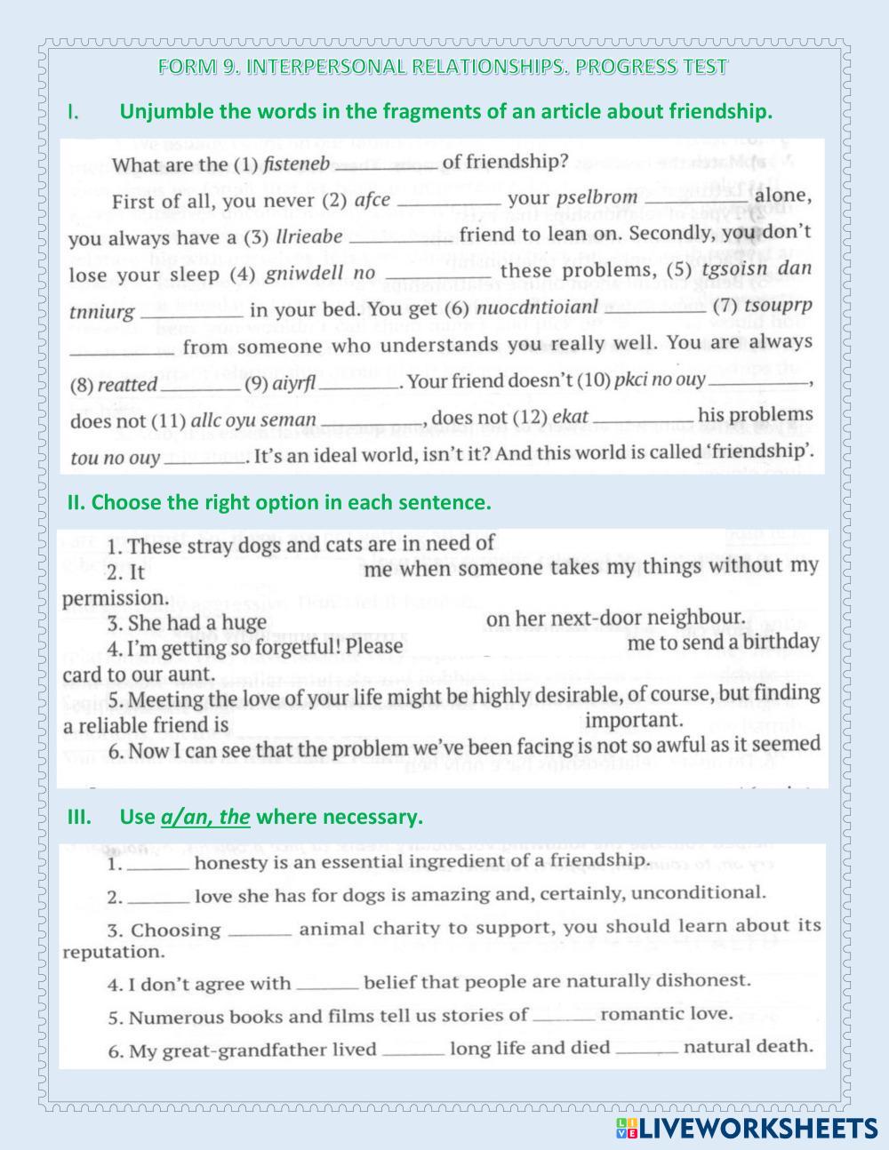 form-9-interpersonal-relationships-progress-test-live-worksheets