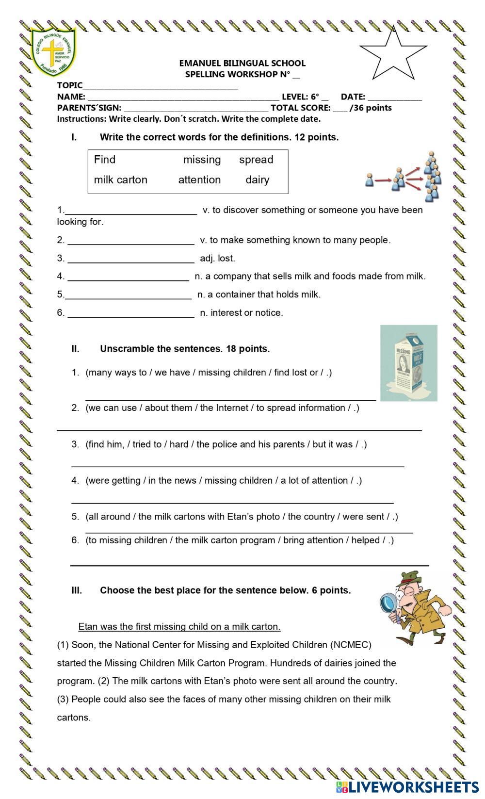 Key words 3- The missing children milk carton program. | Live Worksheets