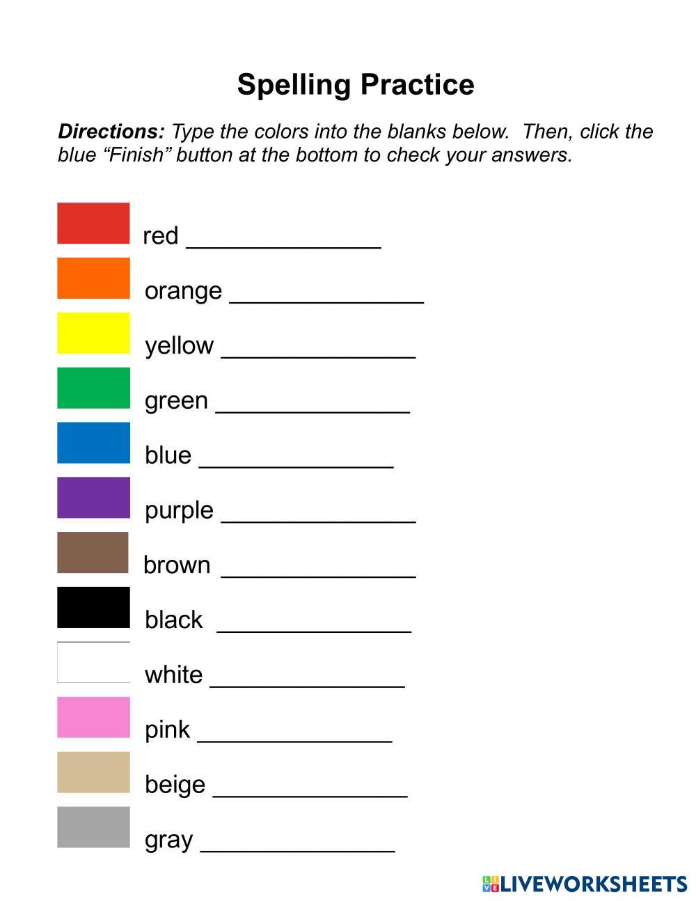 Spelling Practice with Colors | Live Worksheets