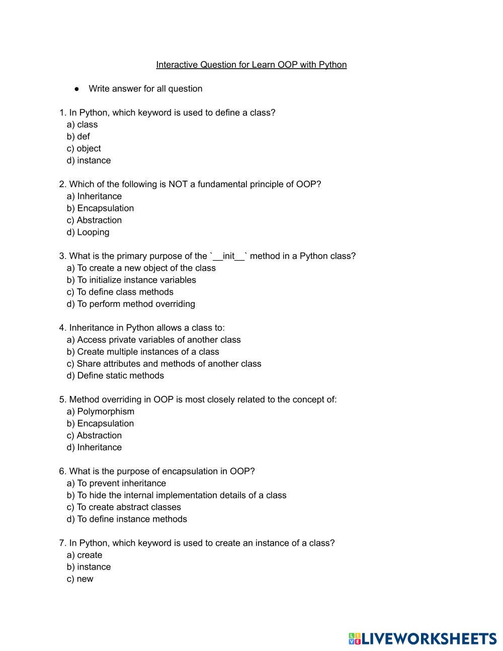 OOP with Python | Live Worksheets