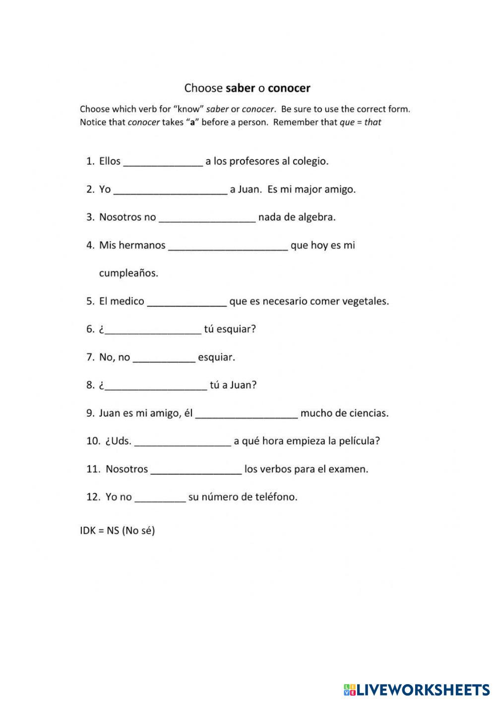 SABER O CONOCER Free Interactive Worksheets 7270419