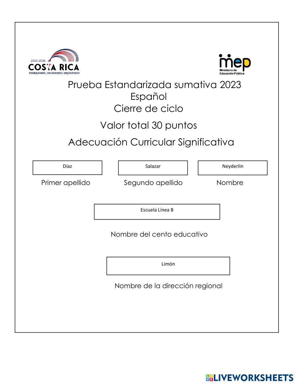 Prueba Estandarizada Español Neyderlin | Live Worksheets