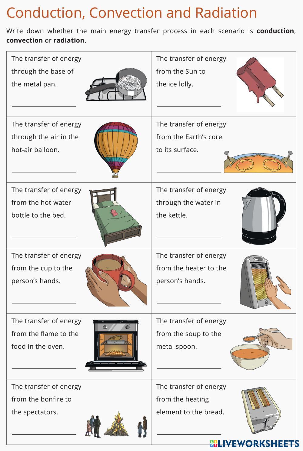 Conduction Convection or radiation Live Worksheets