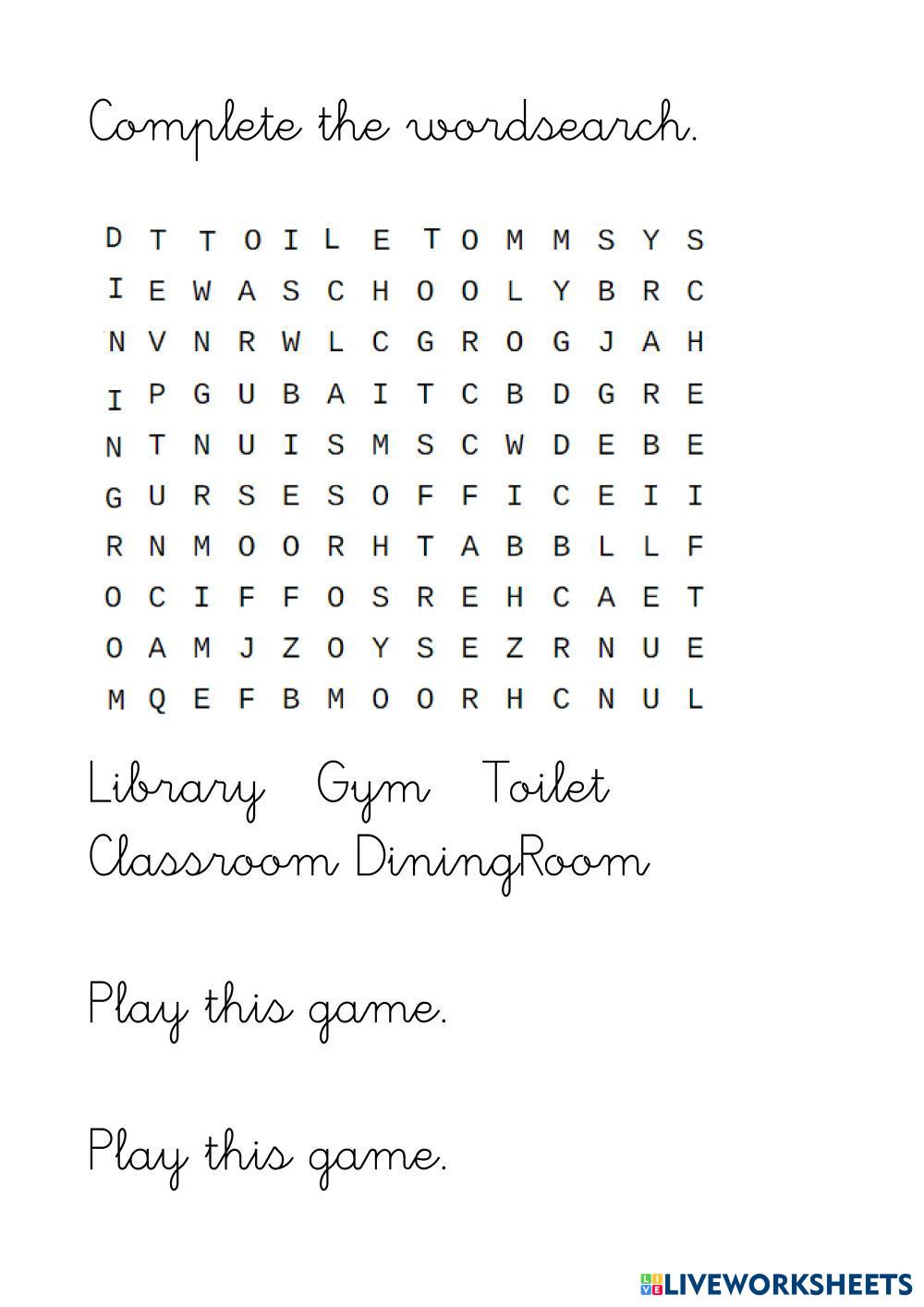 Wordsearch rooms in the school Live Worksheets