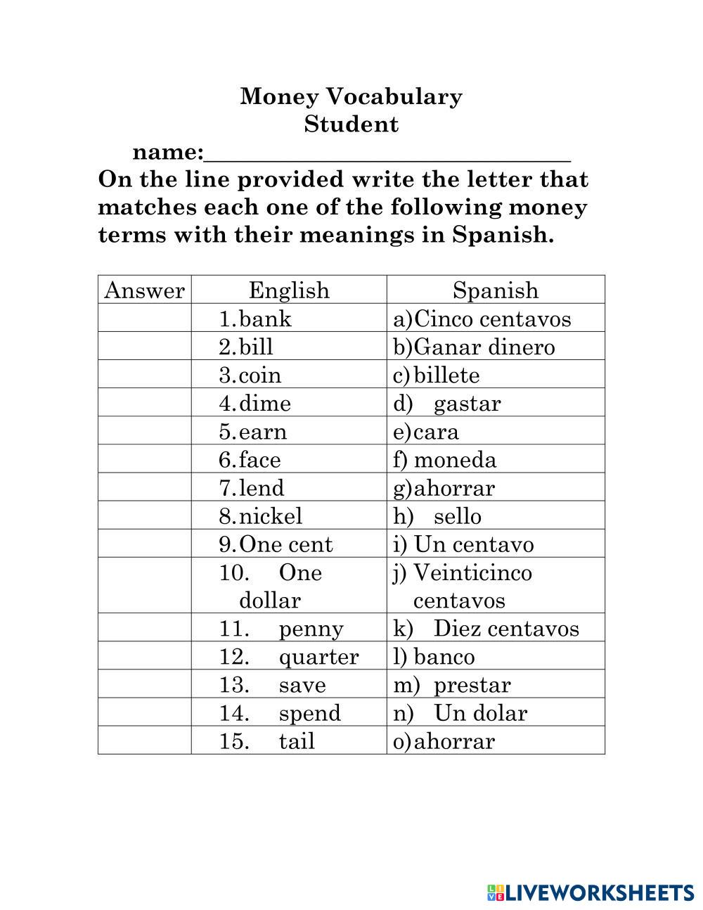 money-terms-live-worksheets