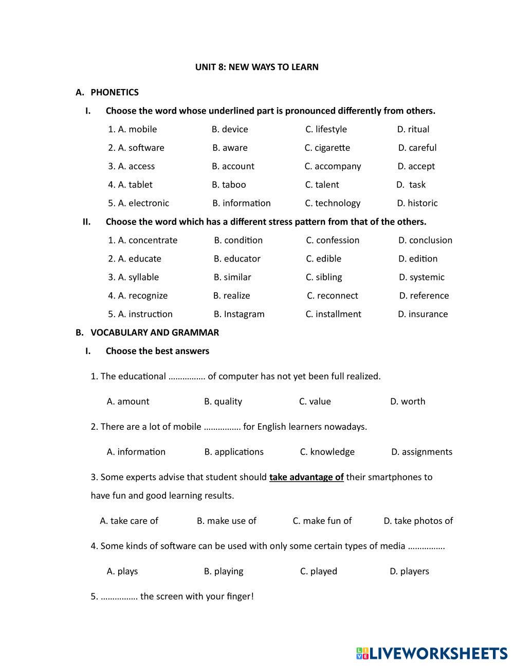 G10 review unit 8 new ways to learn live worksheets